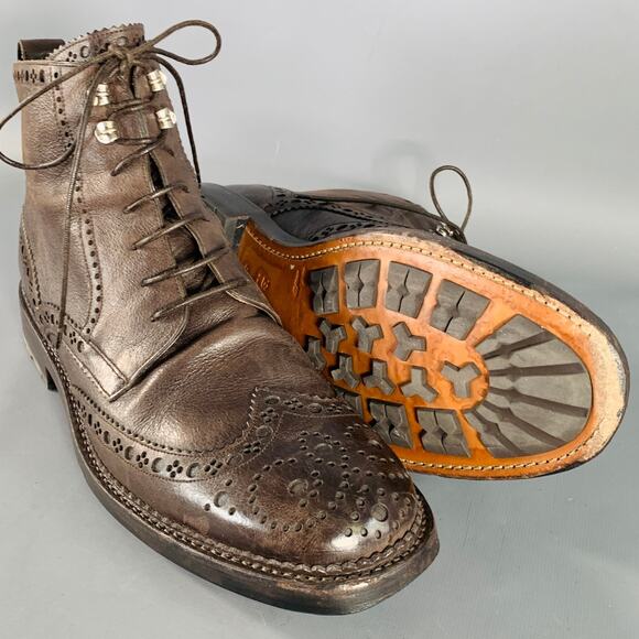 BALLY Size 10 Avery Brown Perforated Pebble Grain Leather Wingtip Boots - Picture 5 of 9